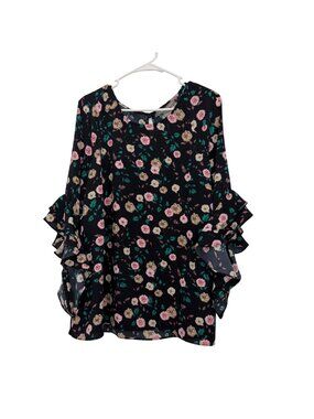 Kate & Mallory Women Black Floral 3/4 Ruffle Sleeve Blouse SZ XL 100% Polyester